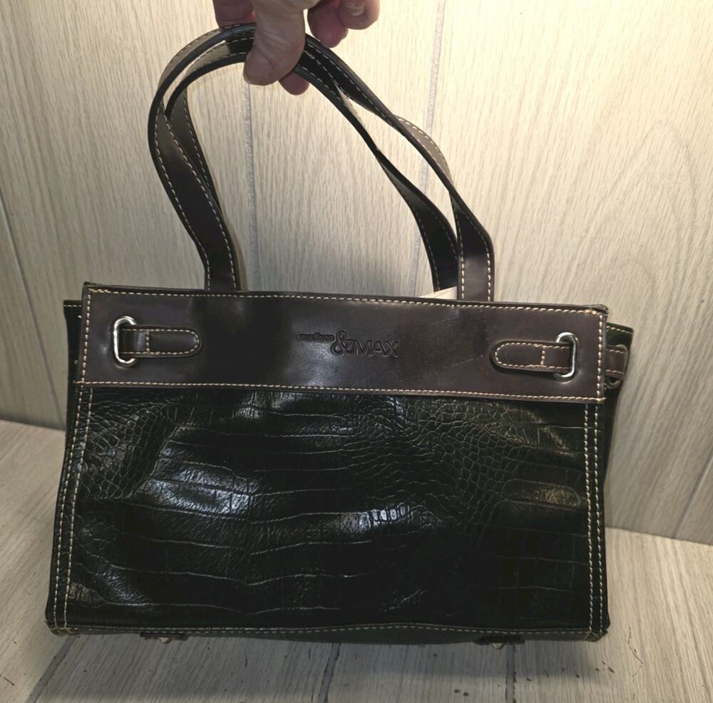 Madison & Max Green & Brown Crock Embossed Leather Hand Bag Y2K Style NWT Boho